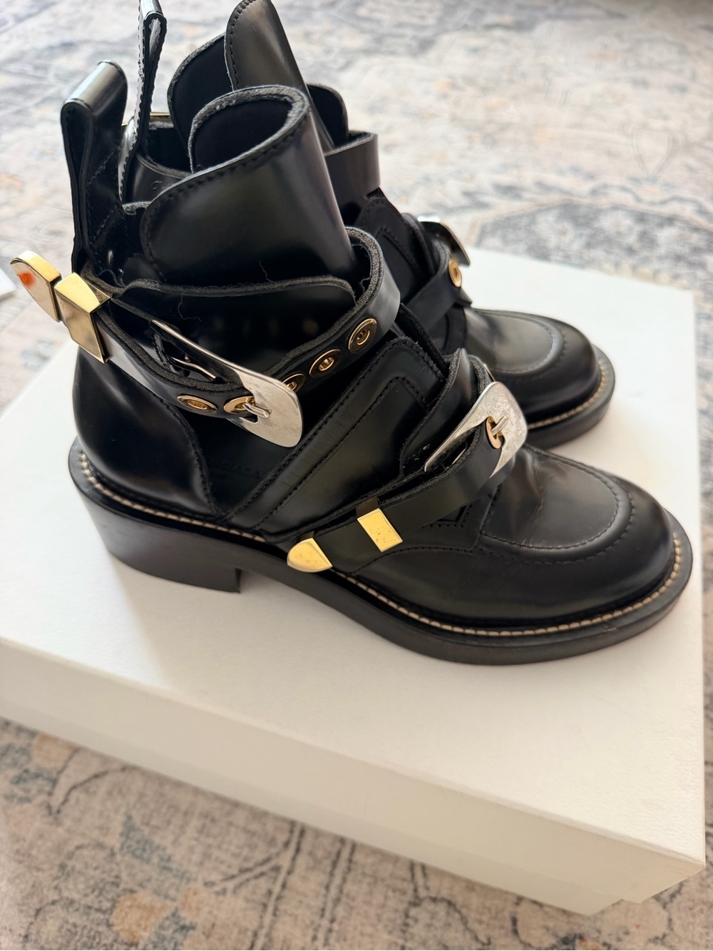 Balenciaga Ceinture Black Leather Buckle Combat Boots with Gold Hardware size 38 - Picture 2 of 5